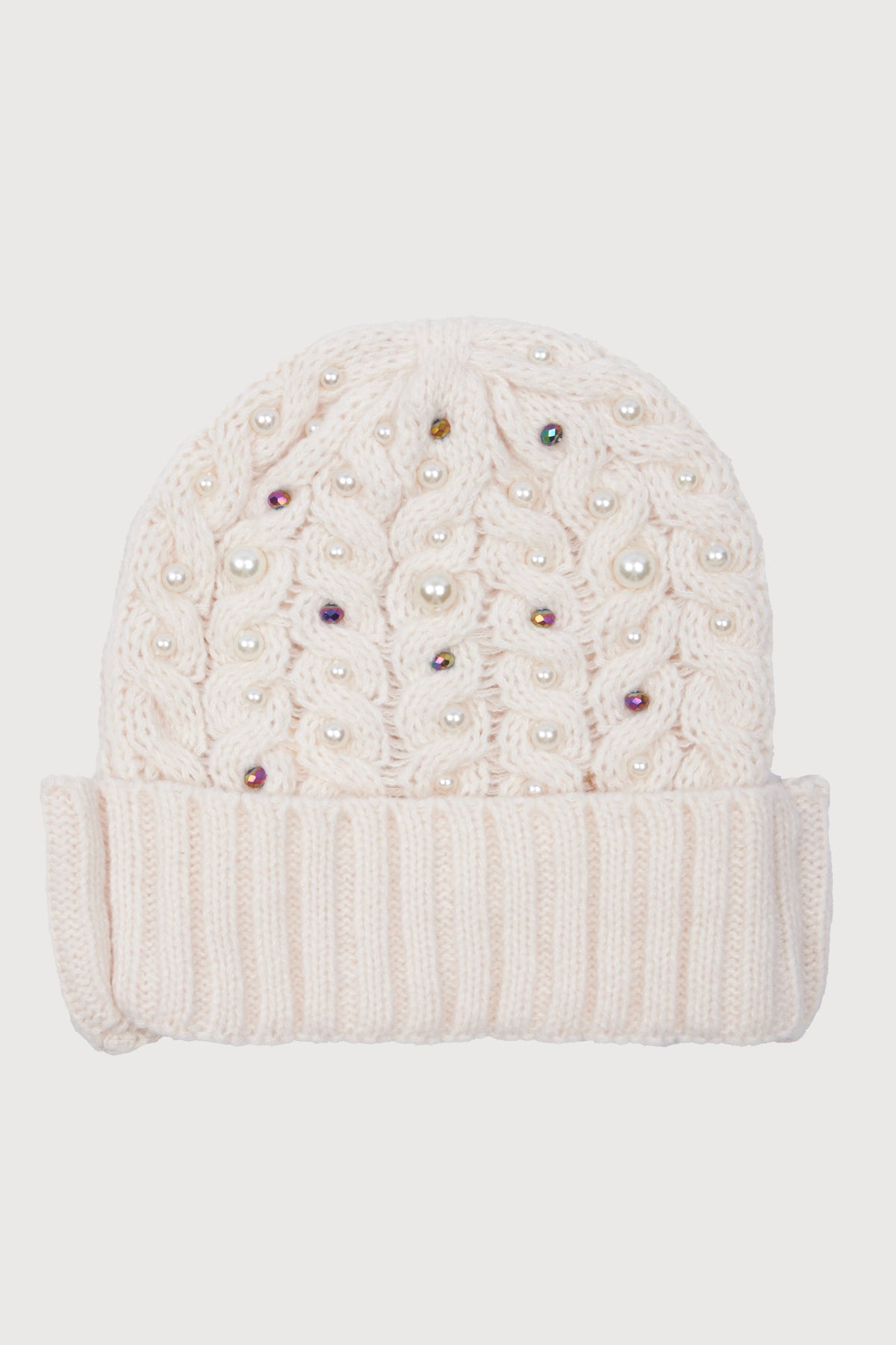 Pearl Cable Knit Beanie - Beige