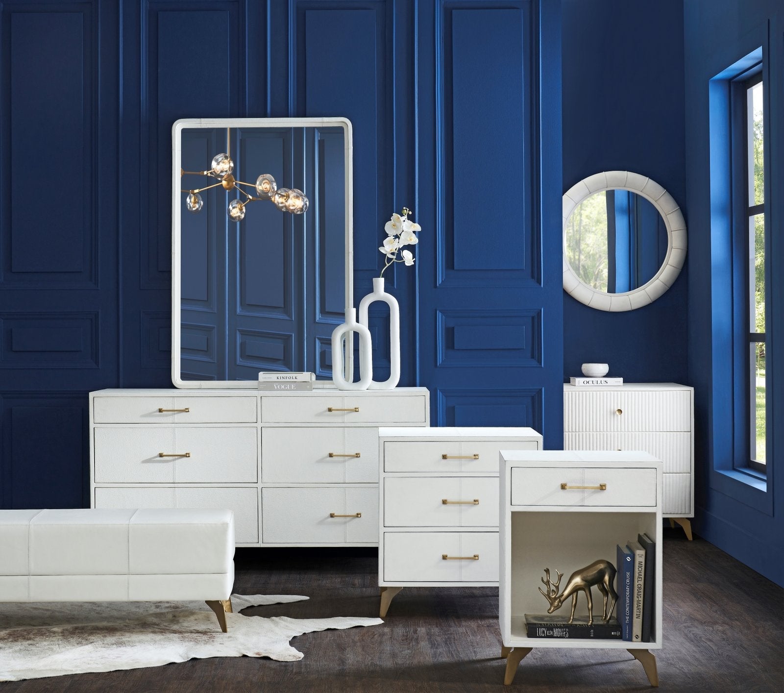 FN-5200-X-3_2|Elegant white upholstered bench with brass-finished legs, complementing a modern bedroom or dressing area aesthetic.