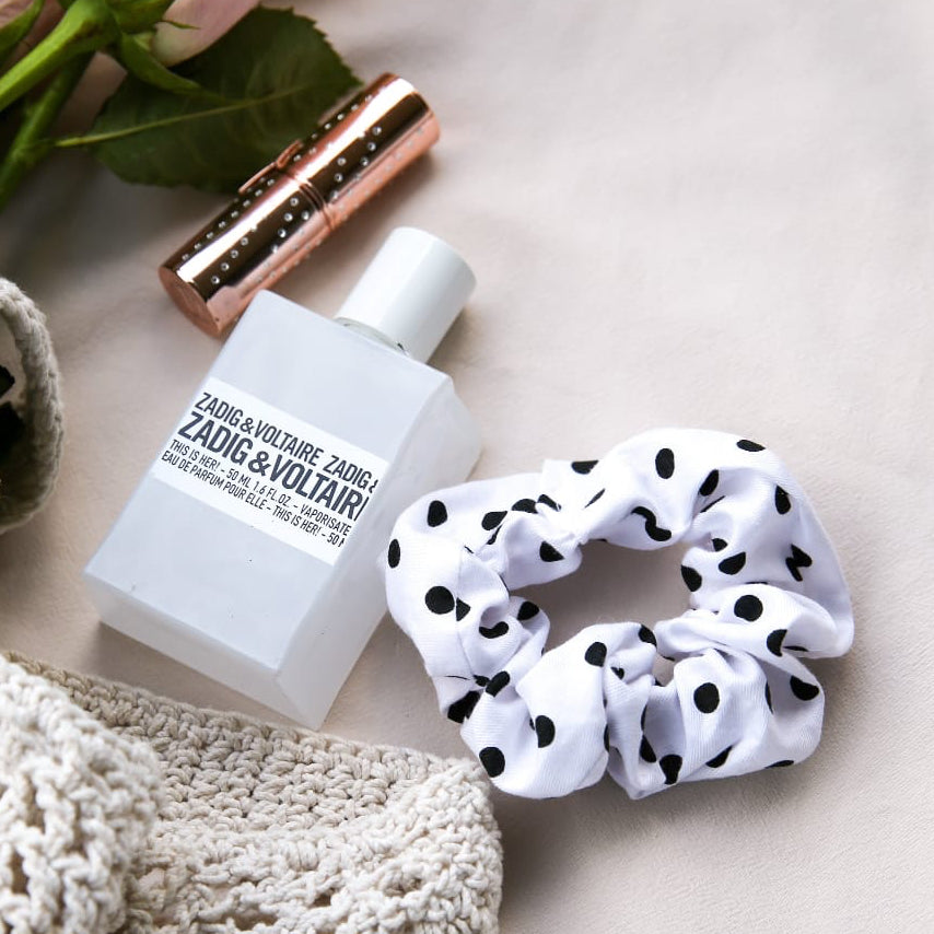 Mila Milk — matching white polka dot cotton scrunchie styling detail