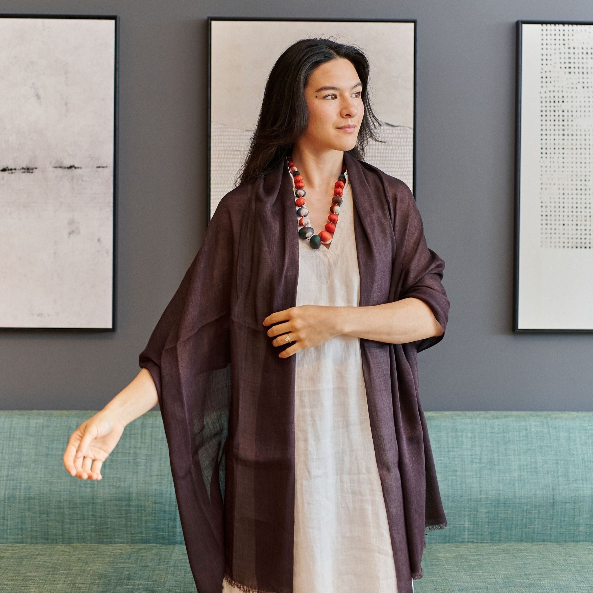 Resin Dark Brown  Hand Woven Soft Linen Silk Scarf