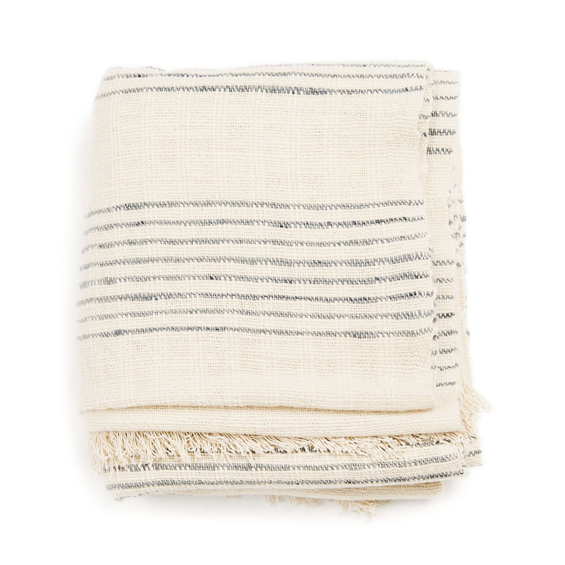 Silica Chalk Off White And Gray Stripes Pattern Soft Handwoven Merino Throw folded neatly on a white background.