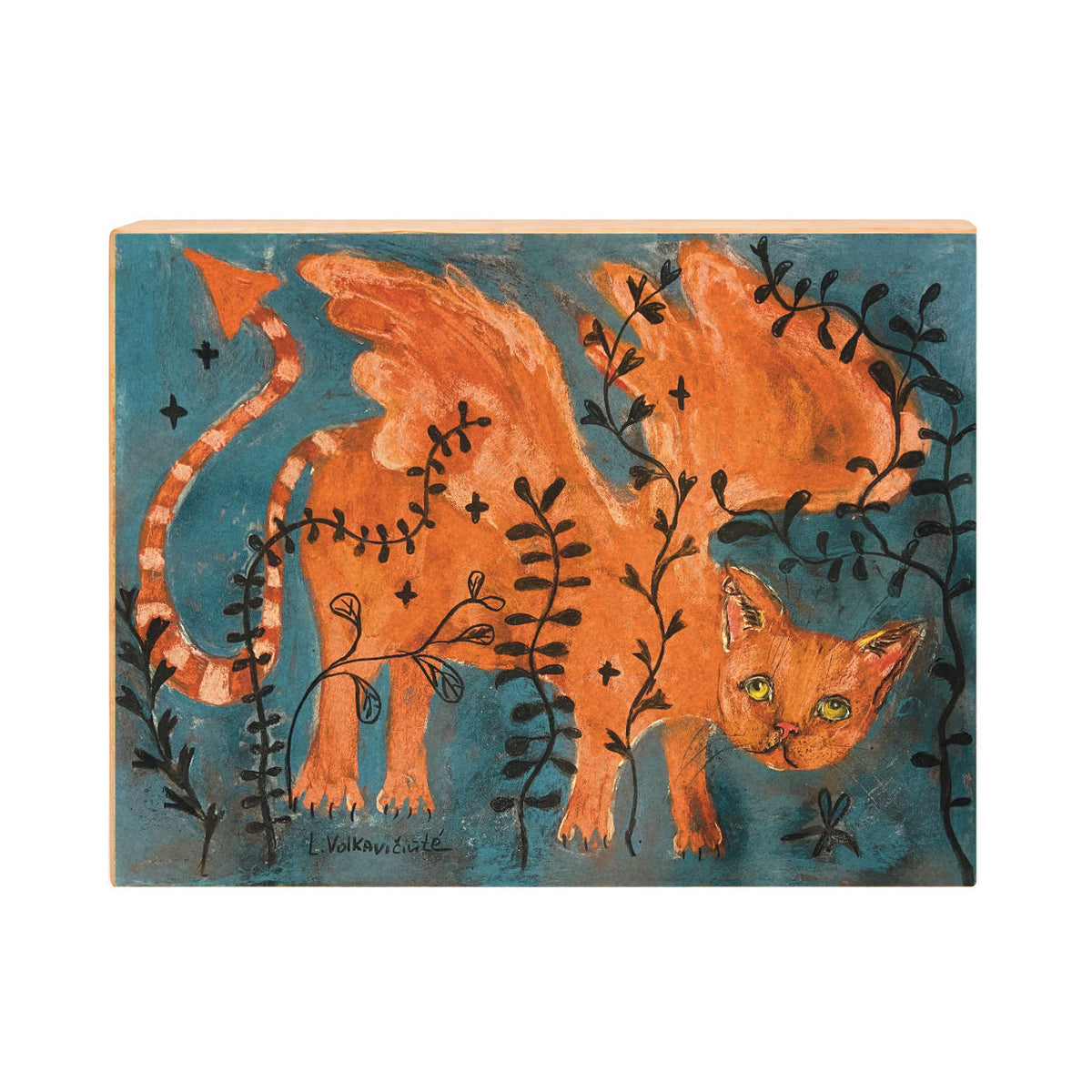 Dragonfly Cat winged orange cat art print, front view on gesso board