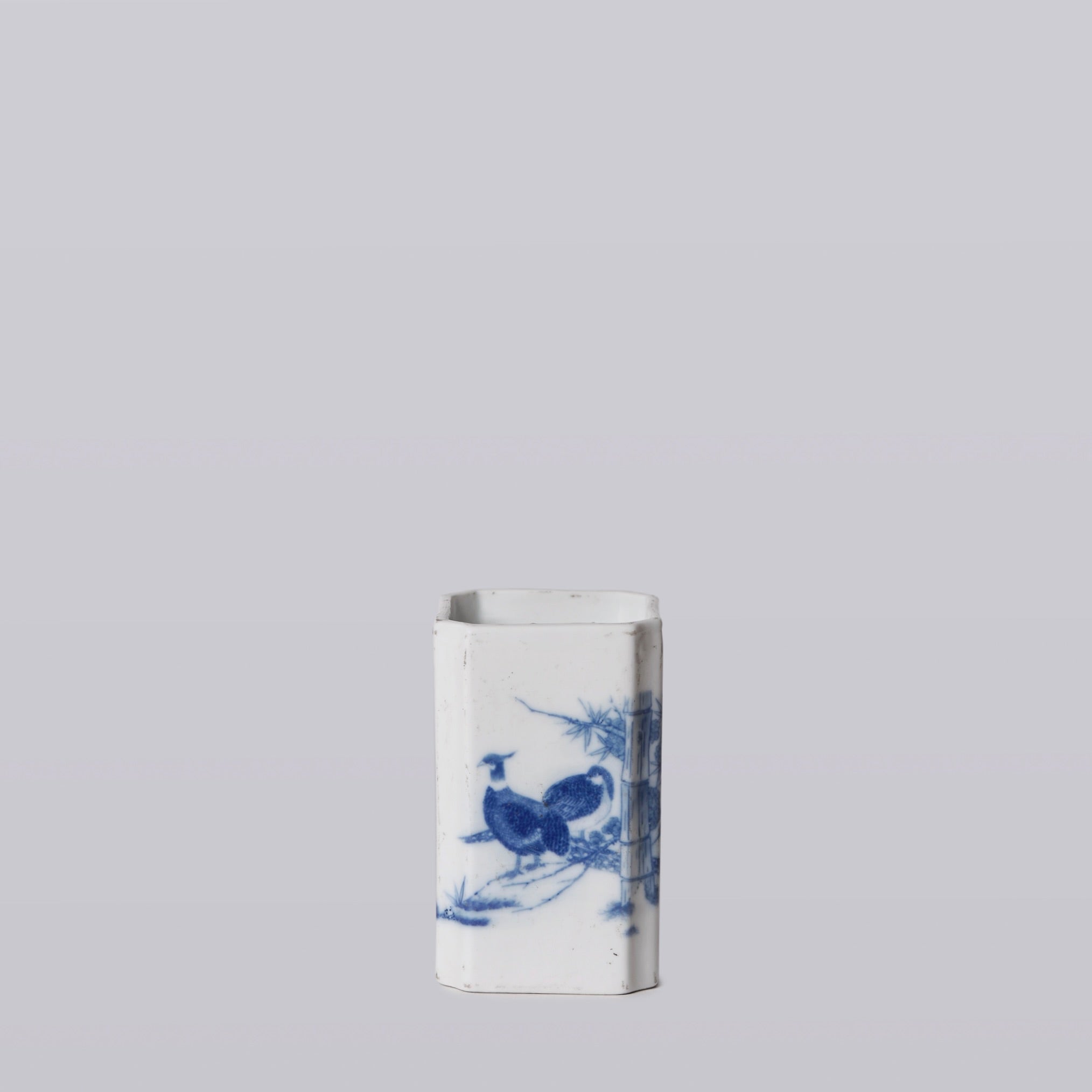 1920s Blue and White Porcelain Pheasant Square Vase