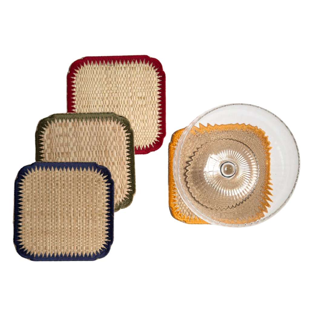 Buriti stitch coasters set of 4 handwoven from natural palm fiber with natural stitch detail by Talah Home