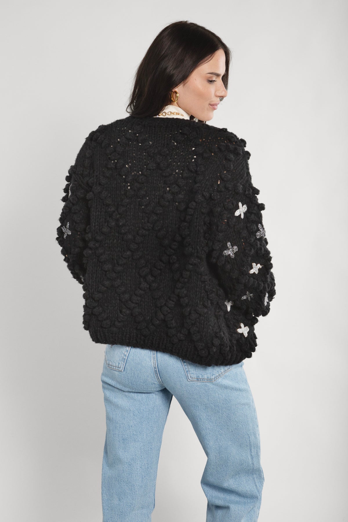 Knitted Cardigan Cross Pom Pom - Black