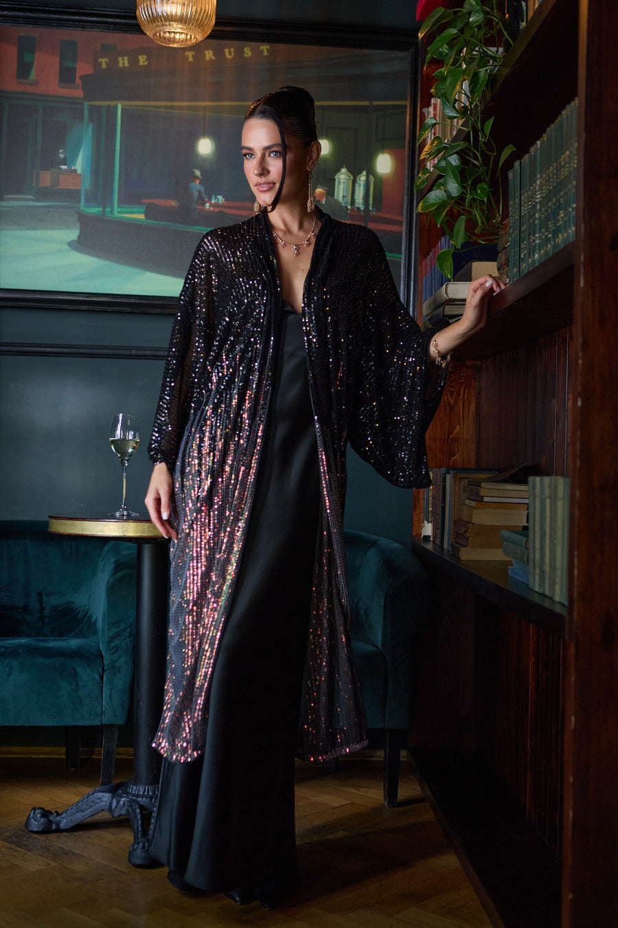 Sequin Kimono Duster Formal - Black