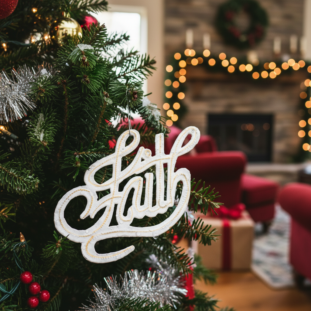 White Faith Ornament hanging on Christmas tree - SM114