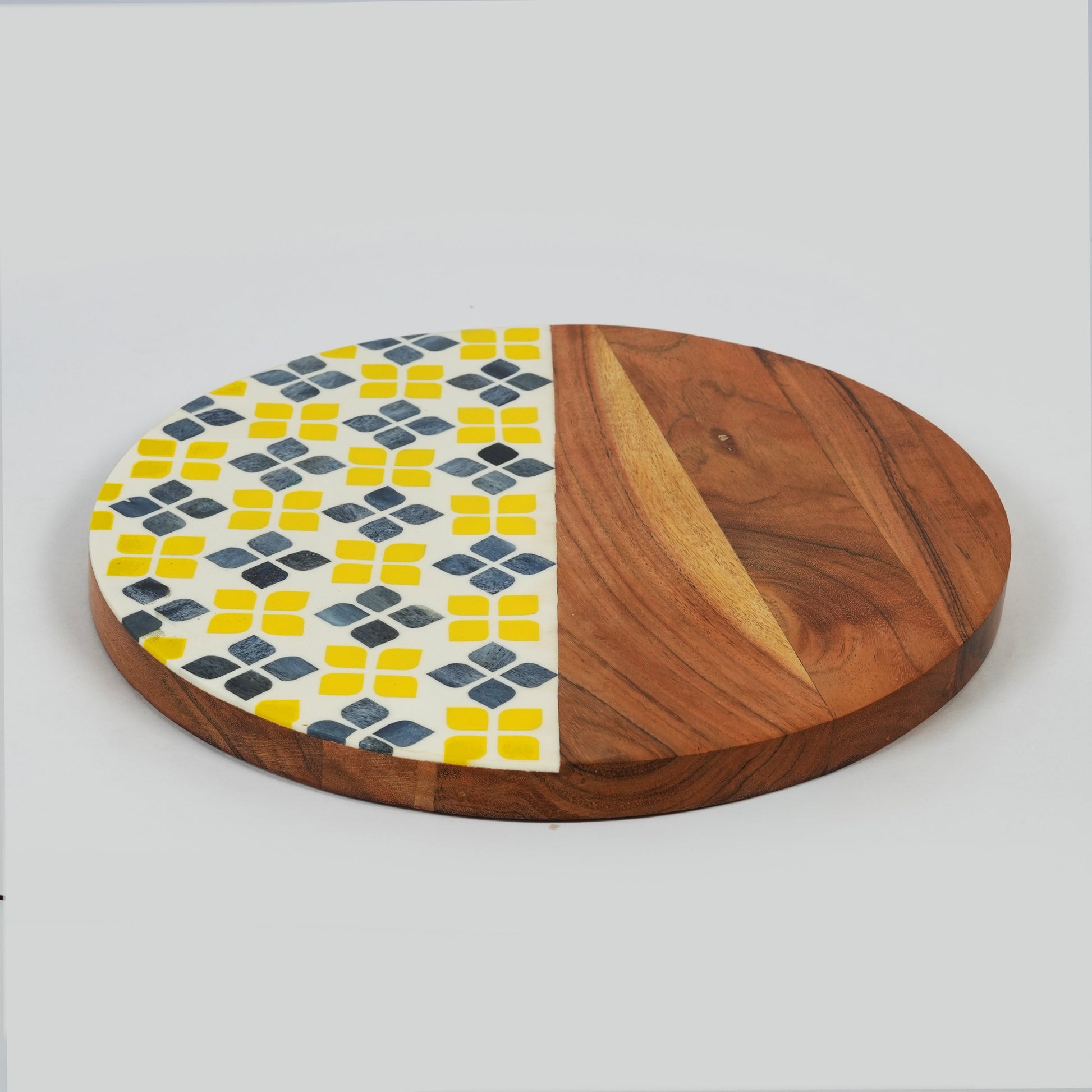  Marigold Mosaic acacia wood serving board with handcrafted floral bone inlay and natural wood grain.
