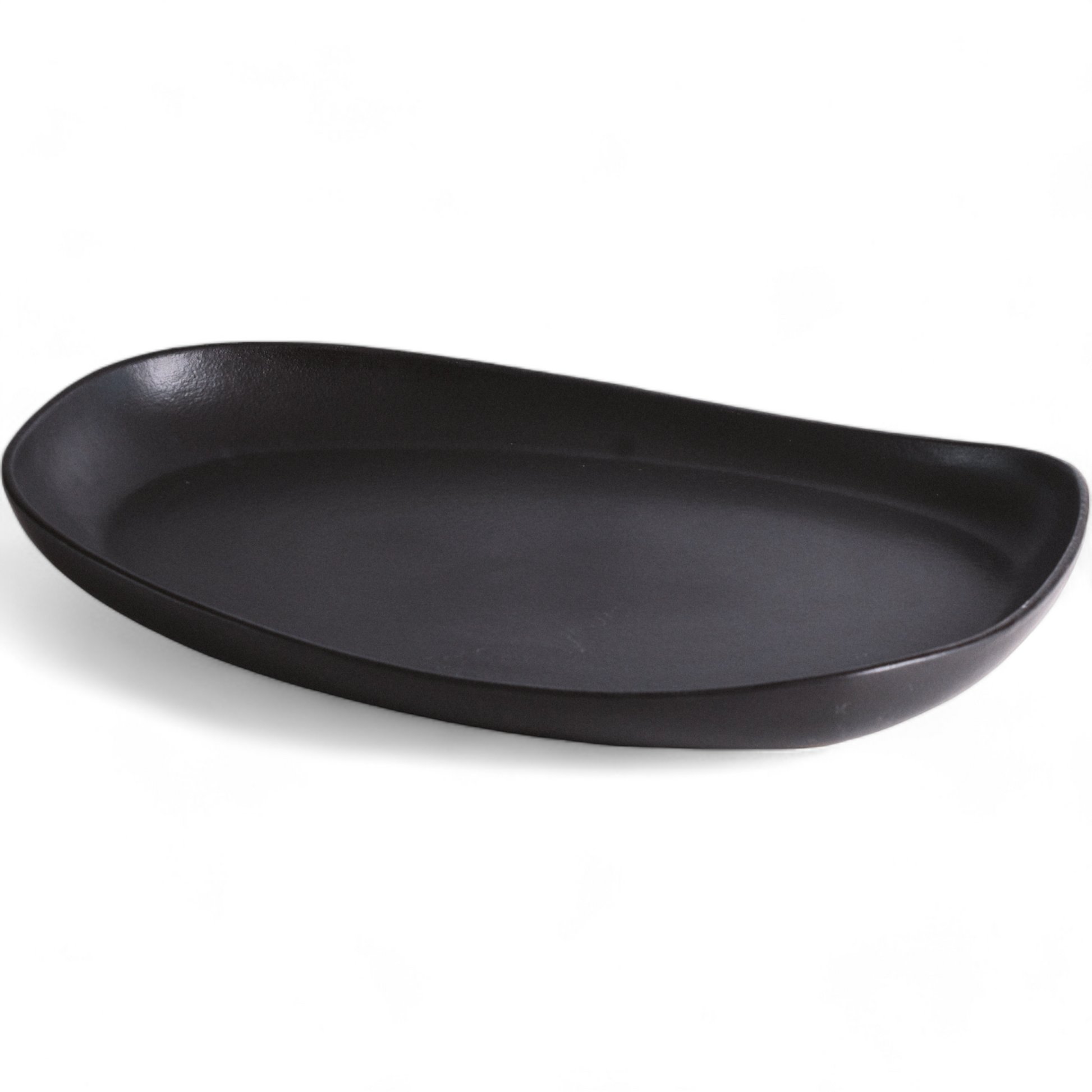 Matte black stoneware serving platter displayed on a clean white background, highlighting its smooth finish and minimalistic, handcrafted design.