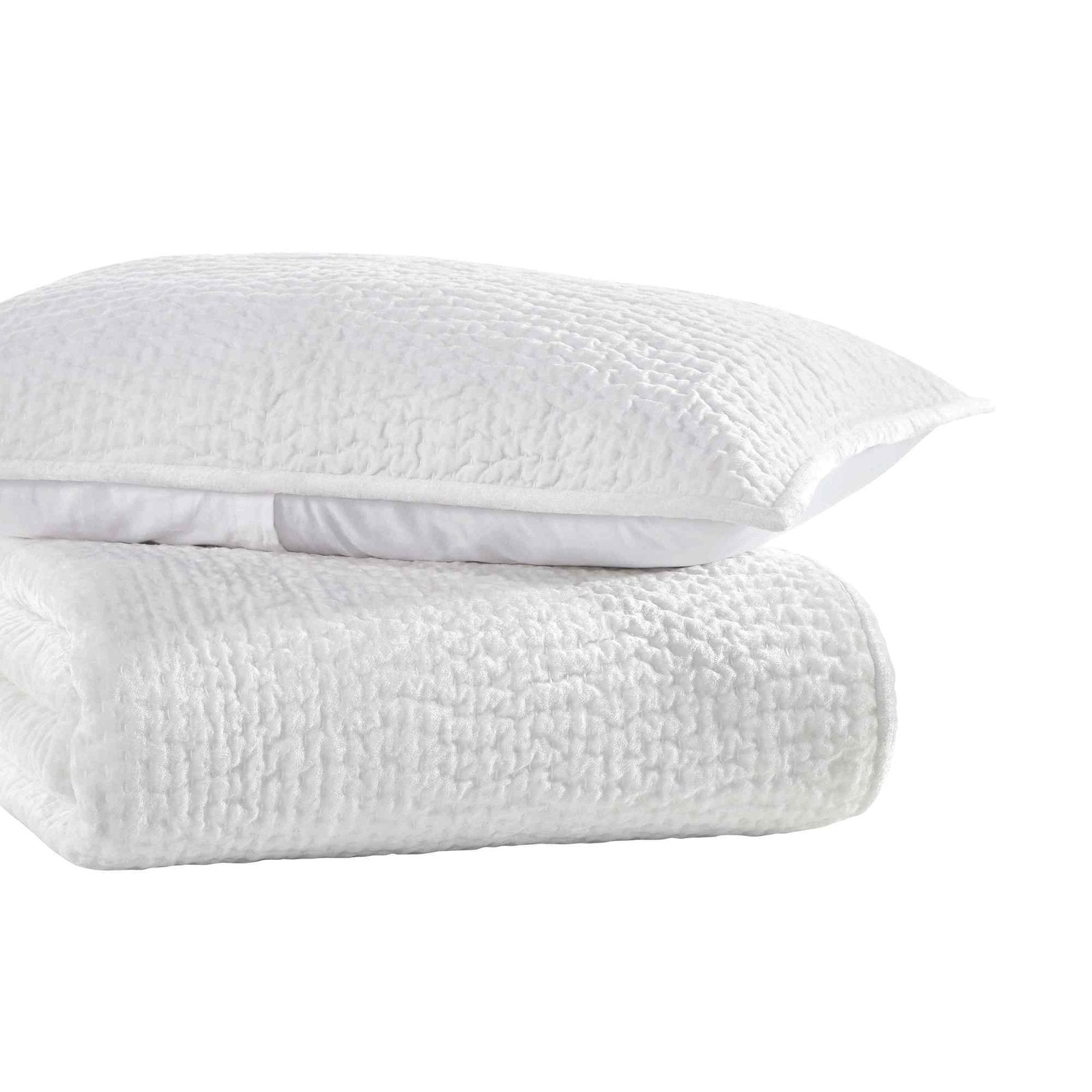 CL-182-9496-LOT1_2|Stacked crisp white quilted coverlet and pillow, showcasing a subtle grid texture for elegant bedding decor.