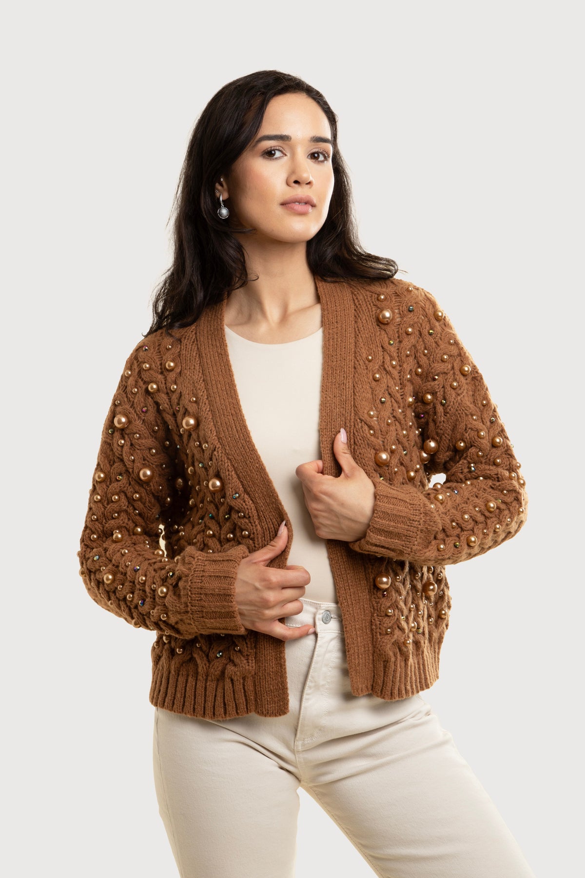 Holiday Cardigan Pearl Knit - Brown