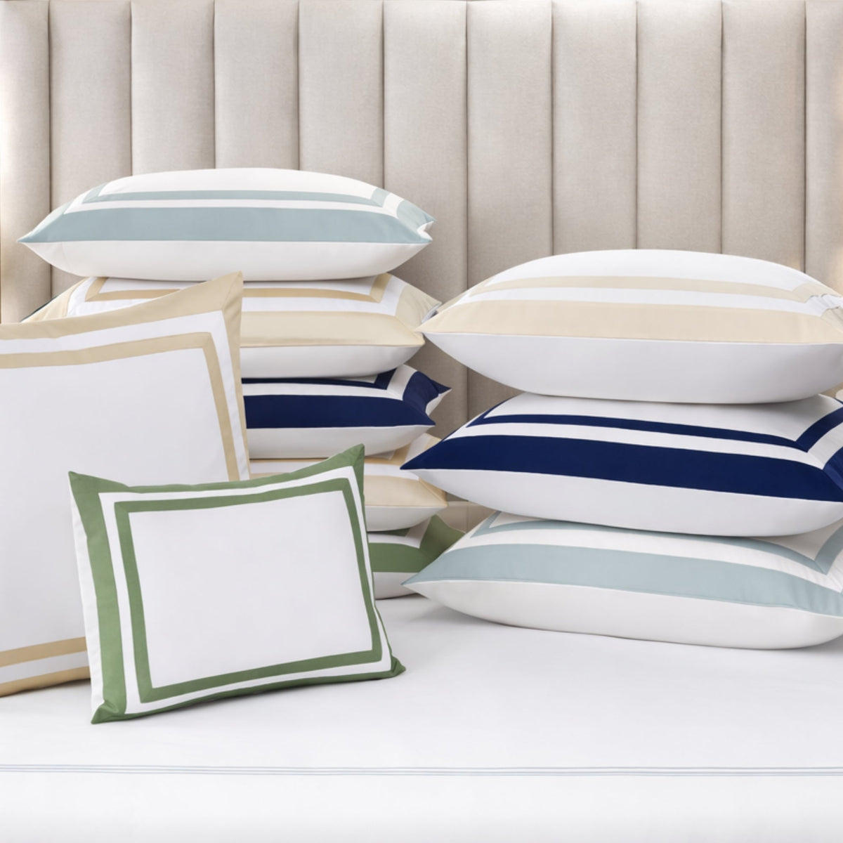 ES-062-2626_4|Luxurious cotton duvet cover set with diverse stripe and border designs in serene blue, beige, green, and white colors.