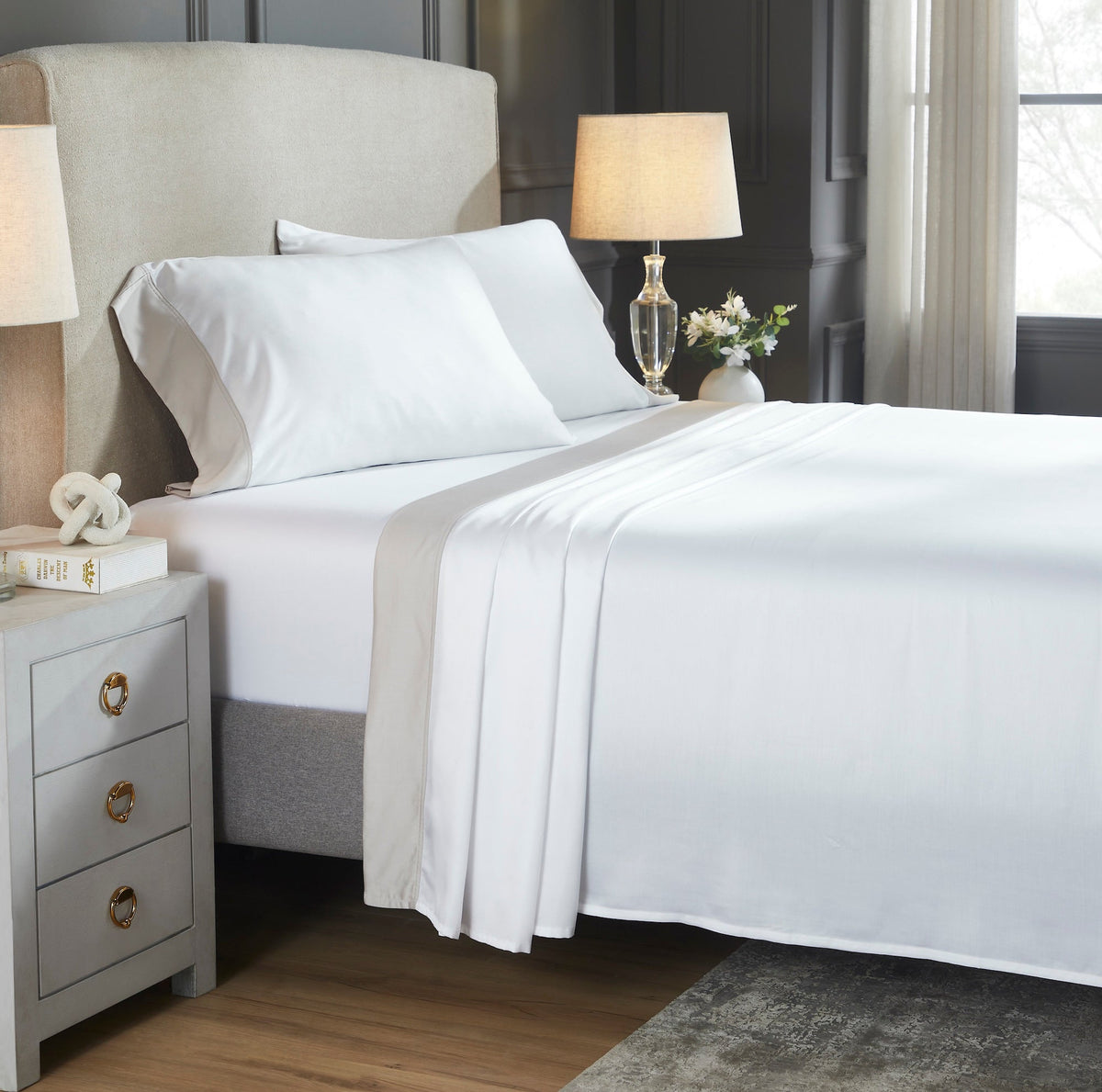 KSS-529-7880_2|Crisp white 100% Lyocell sheets, incredibly soft and breathable, enhancing sleep comfort in a modern bedroom setting.