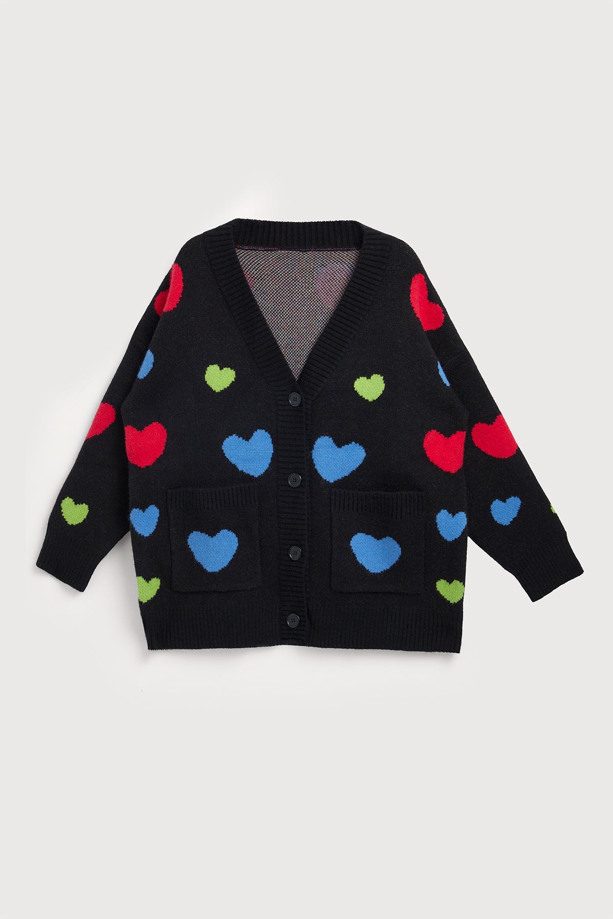 Multicolored Heart Buttoned Cardigan - Black