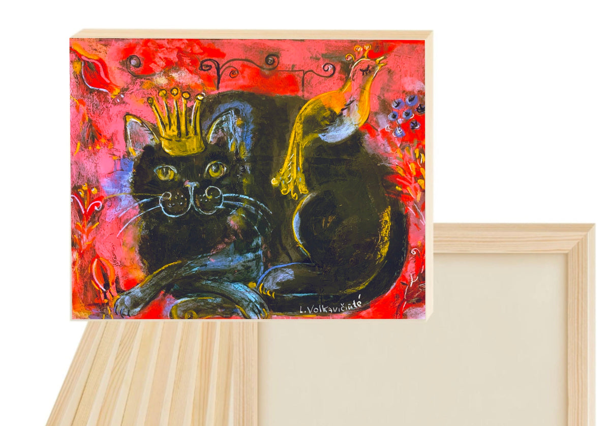 Black cat with bird print on board, Regal Feline, Whimsical Cat, Red Royalty, Folksy Crown Cat - Leopard Frog