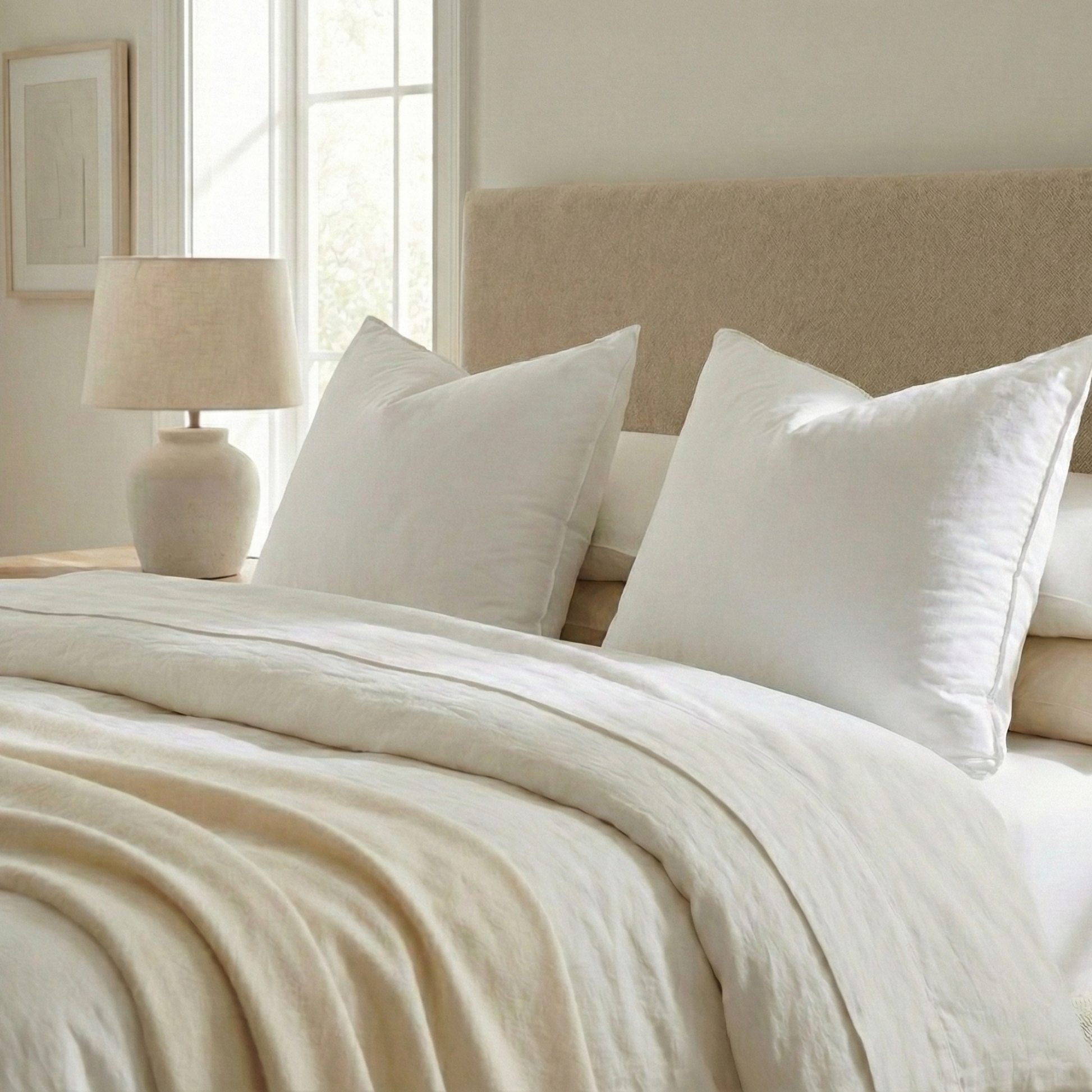 PI-2519-3339_1|Plush white pillow inserts add comfort & support to a cozy bedroom setting, enhancing overall bed linen appeal.