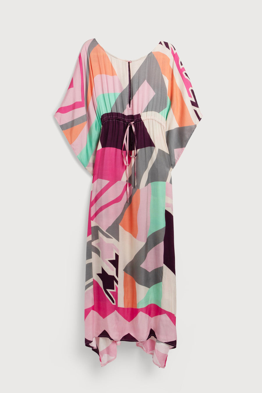 Multicolored Geo Tie Waist Keyhole Kaftan - Pink