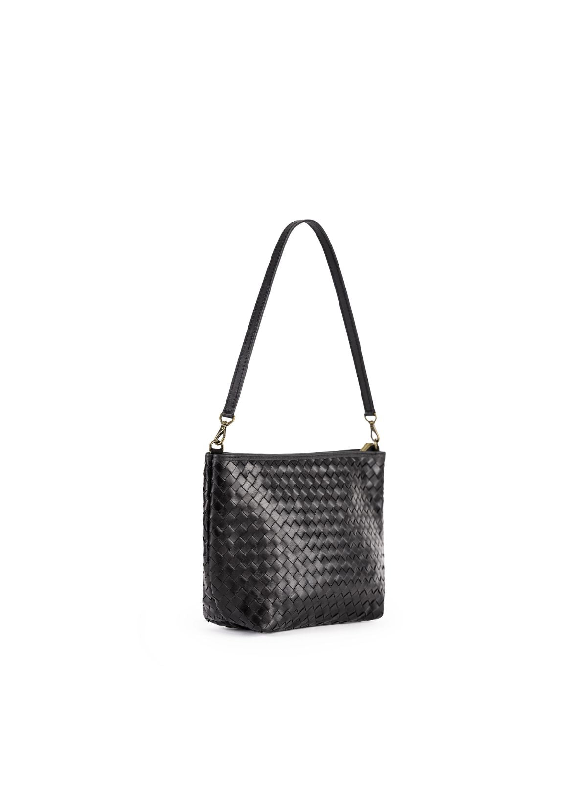 Black woven shoulder bag, front view, Fall/Winter collection