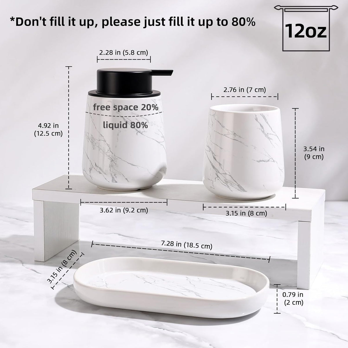 Dimensions and capacity infographic for the BosilunLife Marble 3-piece recycled eco-clay bathroom set, detailing its 12 oz capacity and 80 percent liquid fill recommendation.