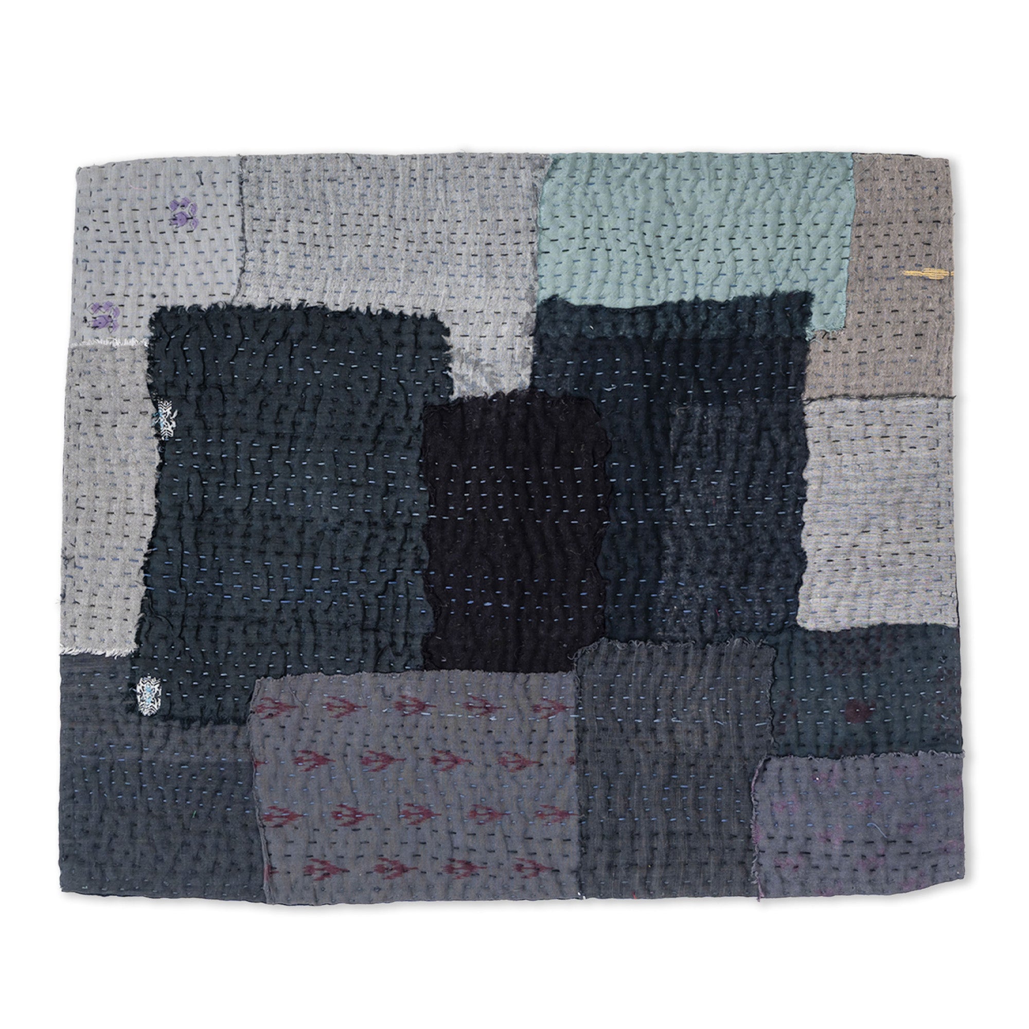S/2 Landscape Fray Patch Vintage Kantha Placemat - Black