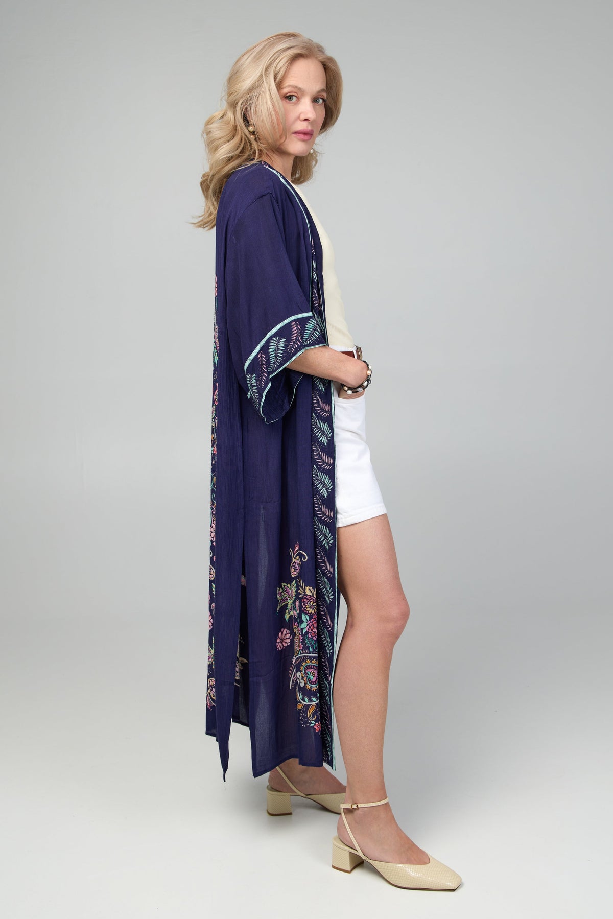 Flowy Paisley Kimono Long - Navy