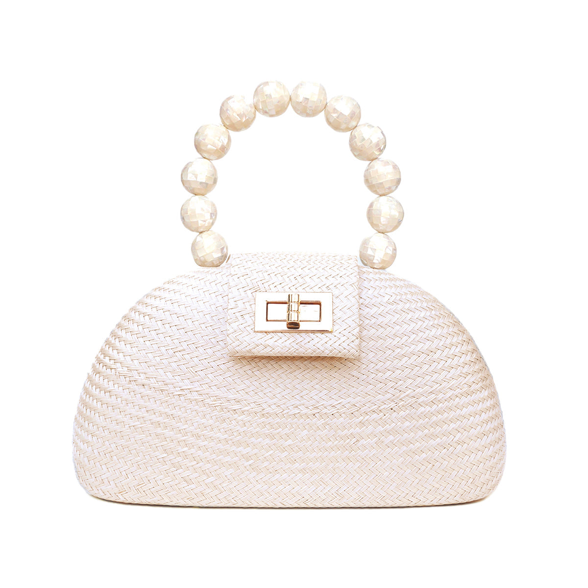 An off-white woven straw handbag with a curved top handle made of mother of pearl beads and a small gold-tone metal clasp on the front flap, shown against a plain white background