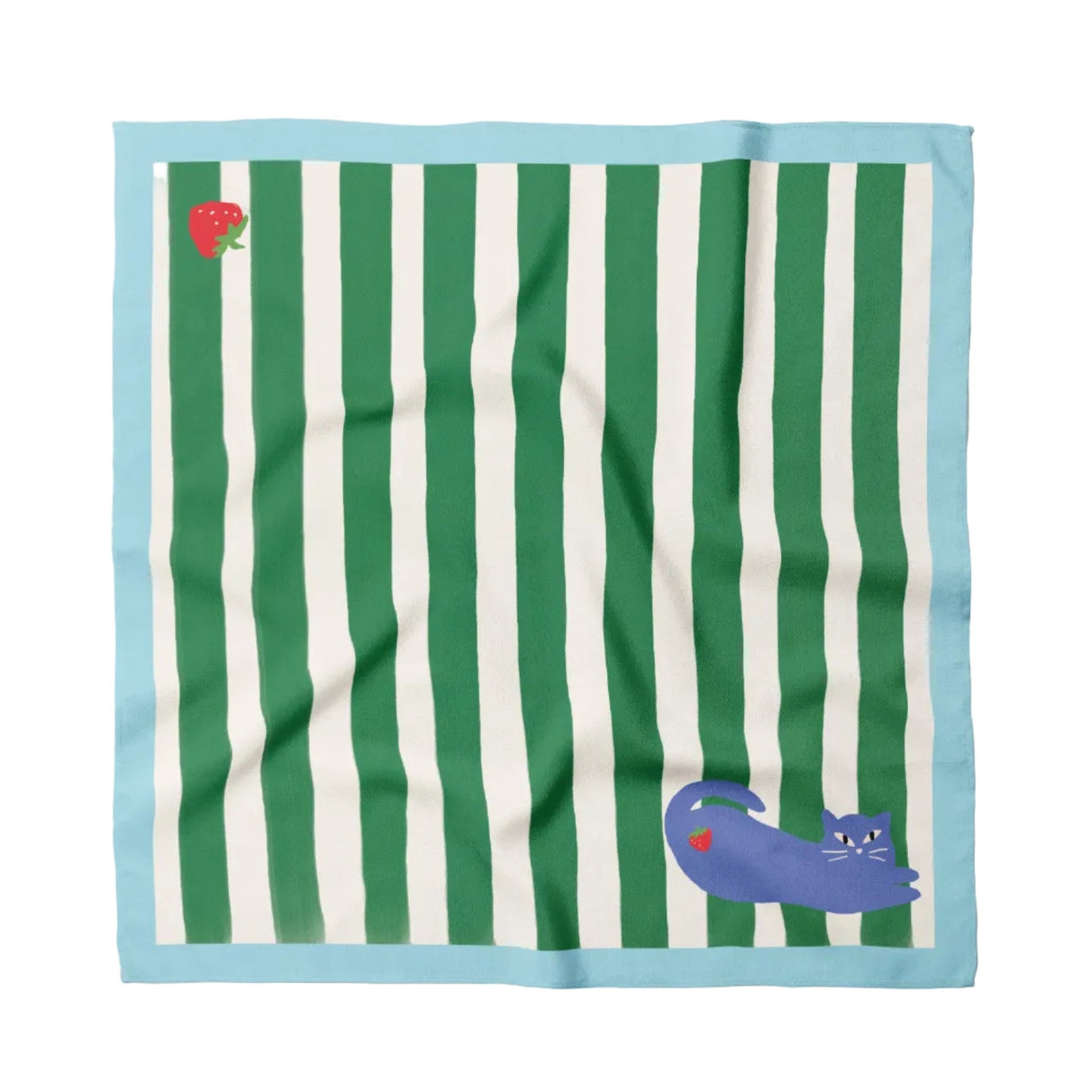 Green and white striped fabric with cat on corner, with cyan blue border and strawberry, on a white background