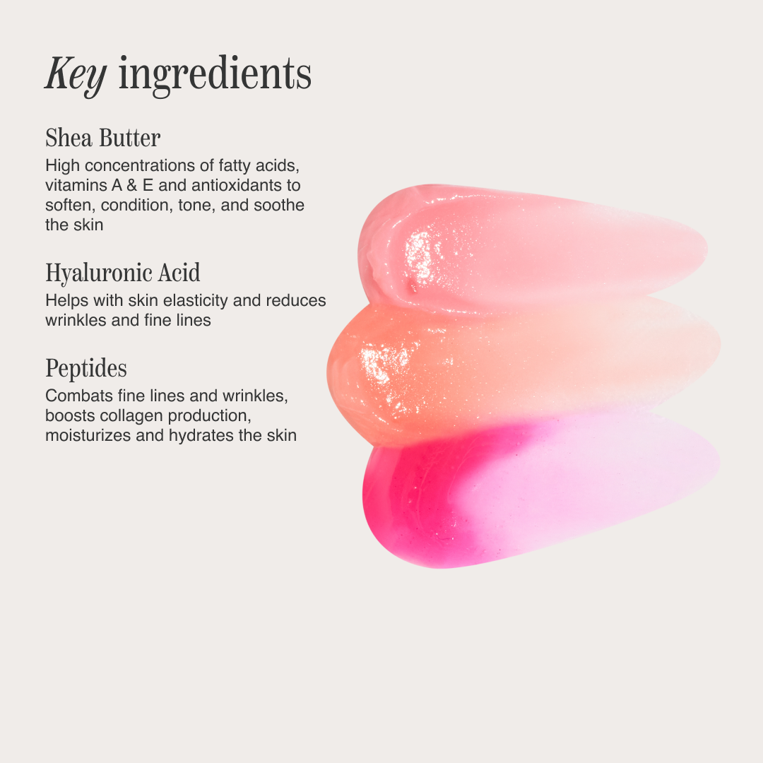 Swatches of Côte Beauty The Darlings Lip Trio Peptide Non-Toxic Lip Gloss Set in, Light Pink, Coral and Magenta shades. 