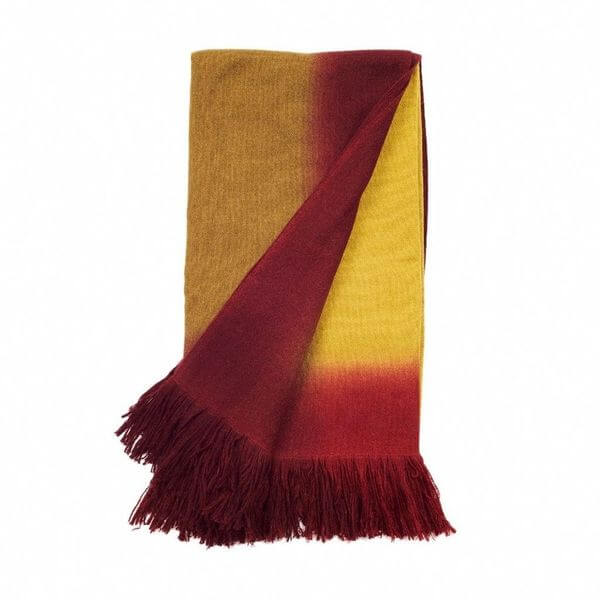 Marigold Merino Ombre Handloom Throw / Blanket Scarf showcasing warm ombre colors and hand-rolled fringes.