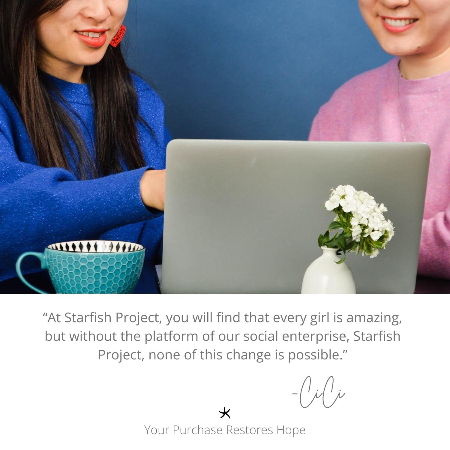 Photo of women working on a laptop, career development, symbolism for hope, artisan jewelry, Starfish Project, jewelry company