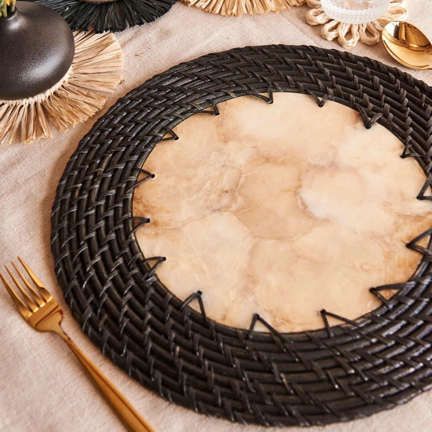 Capiz Shell Placemats With Black Rattan, Set of 2