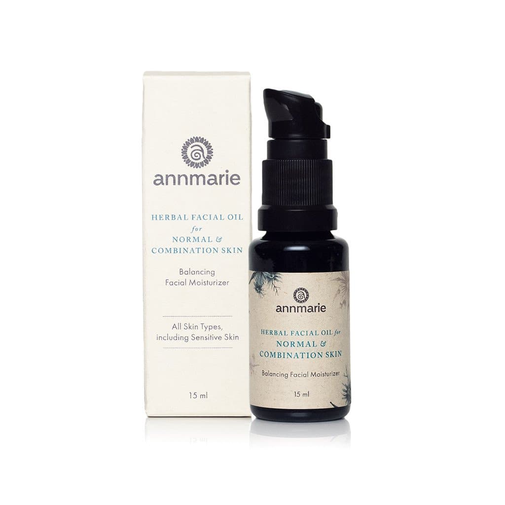 Herbal Facial Oil for normal and combination skin bottle with product box, balancing facial moisturizer, 15 ml.