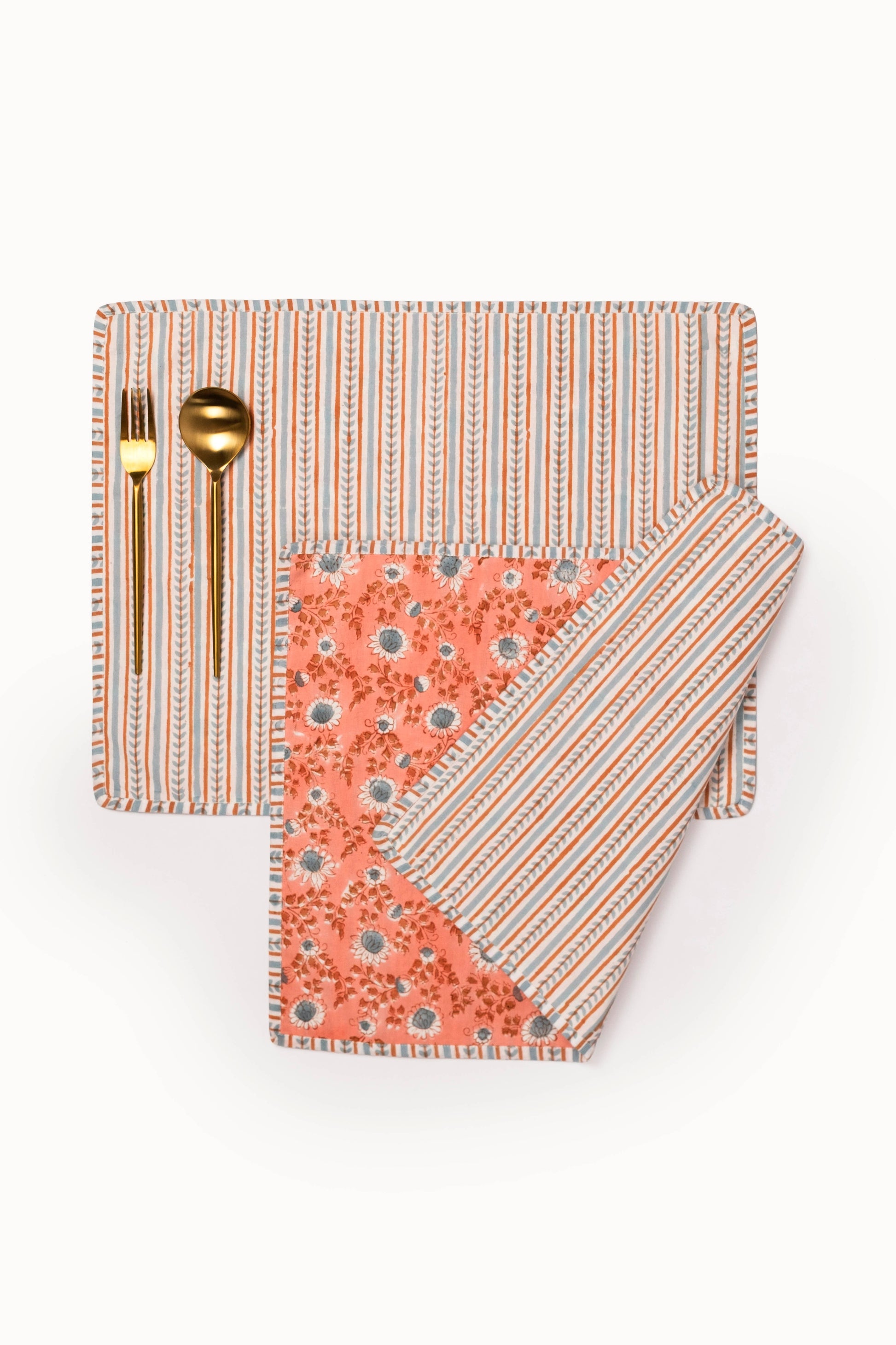 Terracotta & Blue Reversible Block Print Placemats-Set of 2