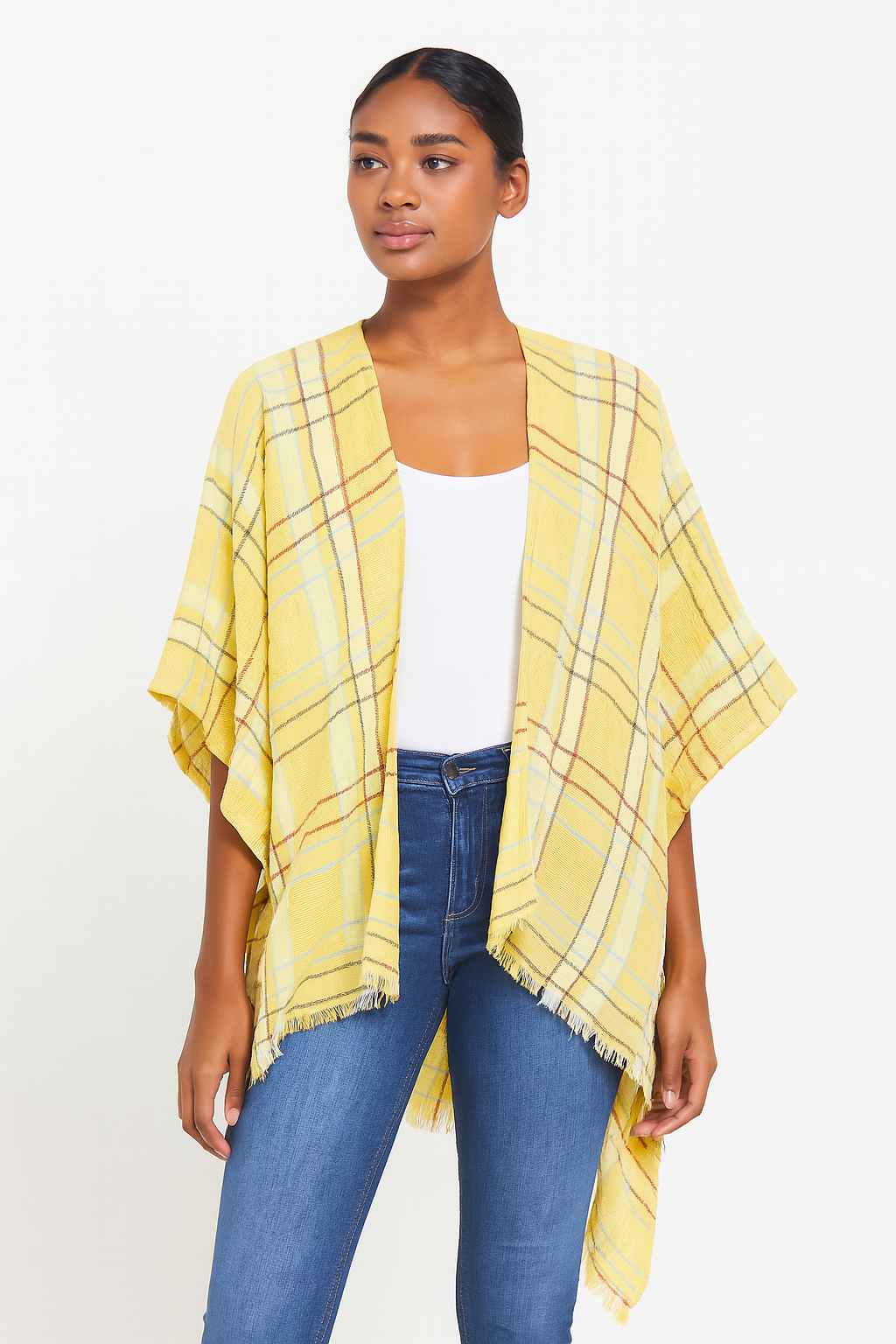 Linen Cotton Plaid Kimono - Khaki