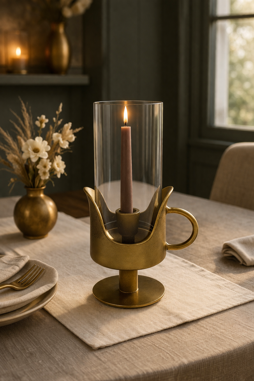 Gold candle holder with a lit candle on a table setting
