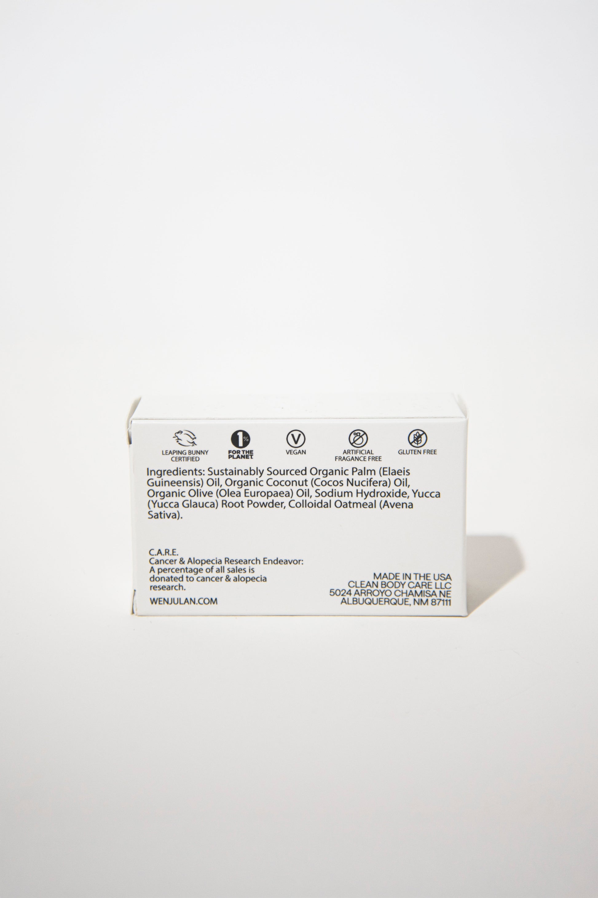 Wenjulan Whole Body Care Unscented Cleansing Soap with Colloidal Oatmeal bar back side of packaging with ingredient list, certifications and company information on white background