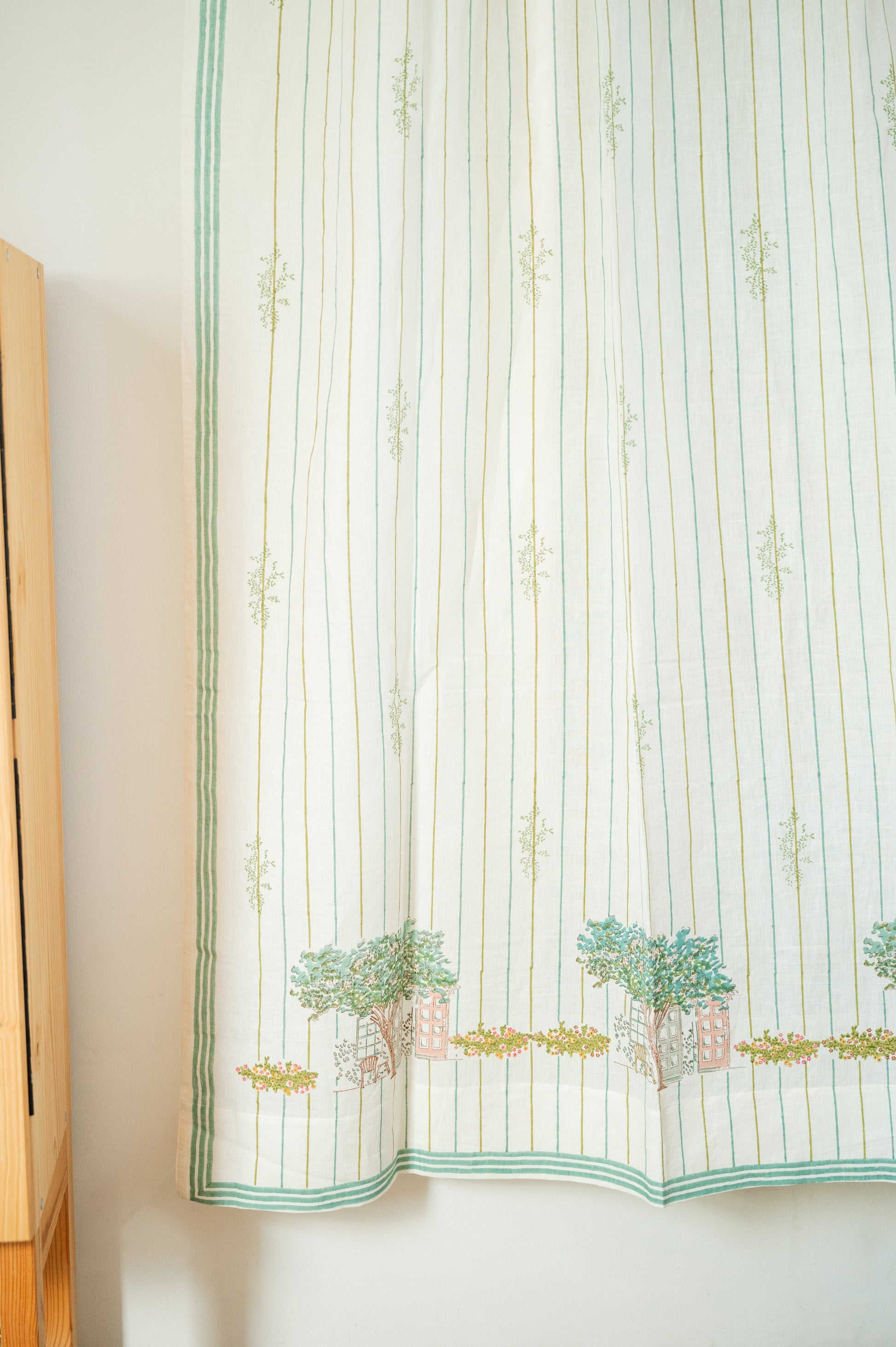 42 x 82 Hand-block printed street view curtains on white cotton-linen fabric.
