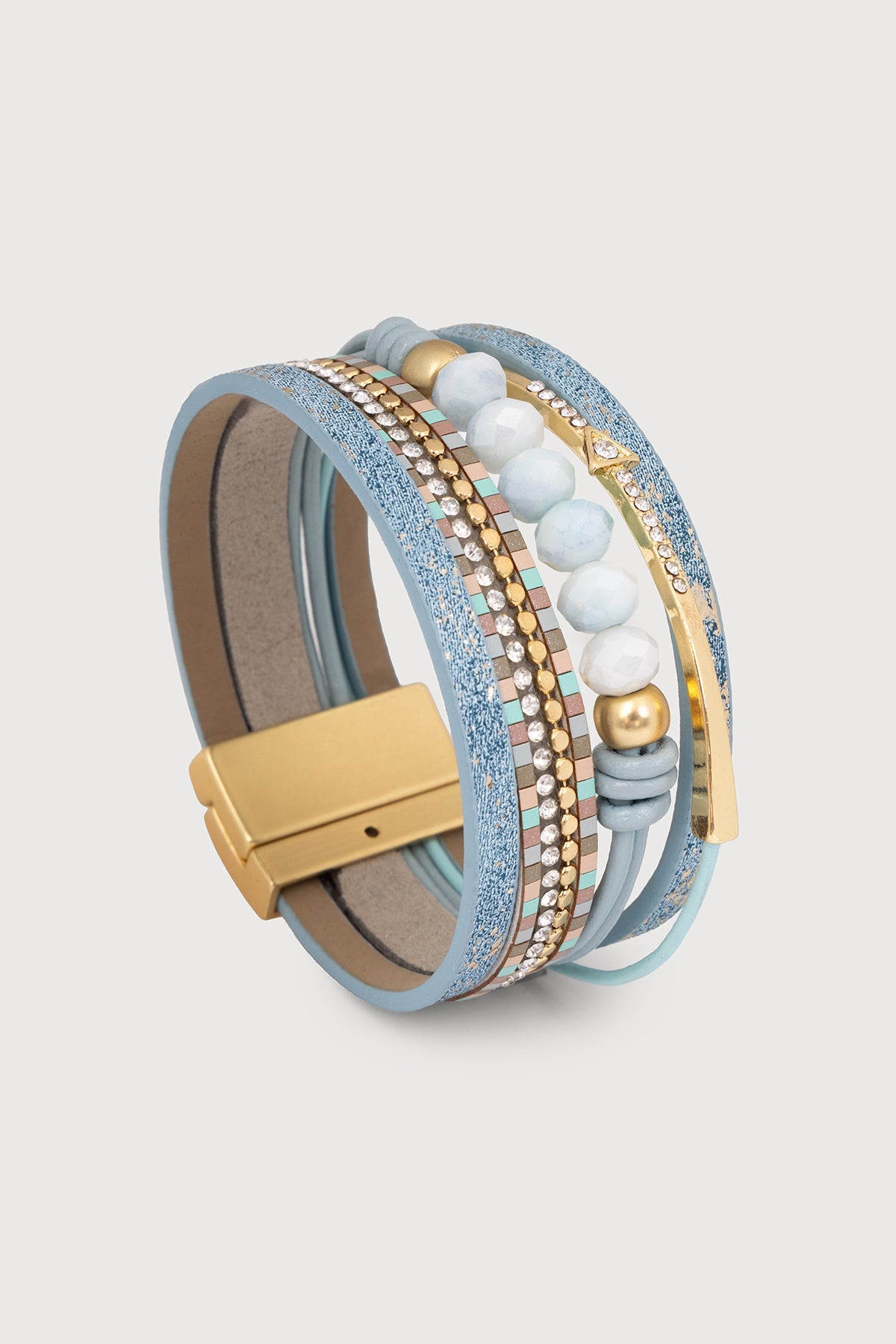 Beaded Shimmer Leather Bracelet - Light Blue