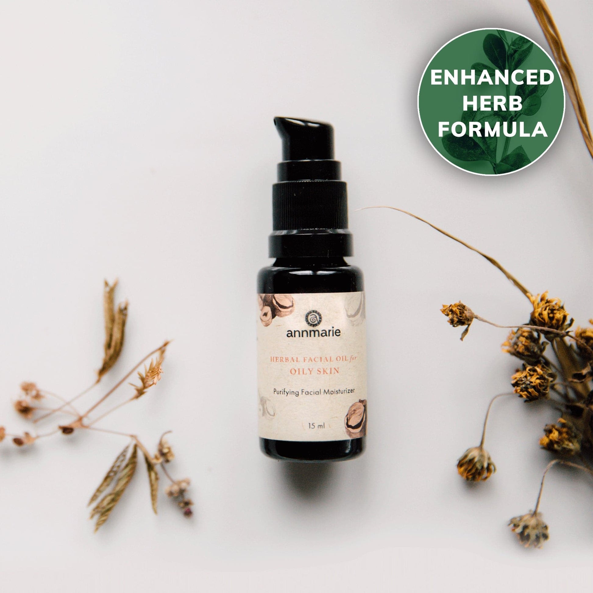 Herbal Facial Oil for normal and combination skin with enhanced herb formula, bottle with box and botanical ingredients.
