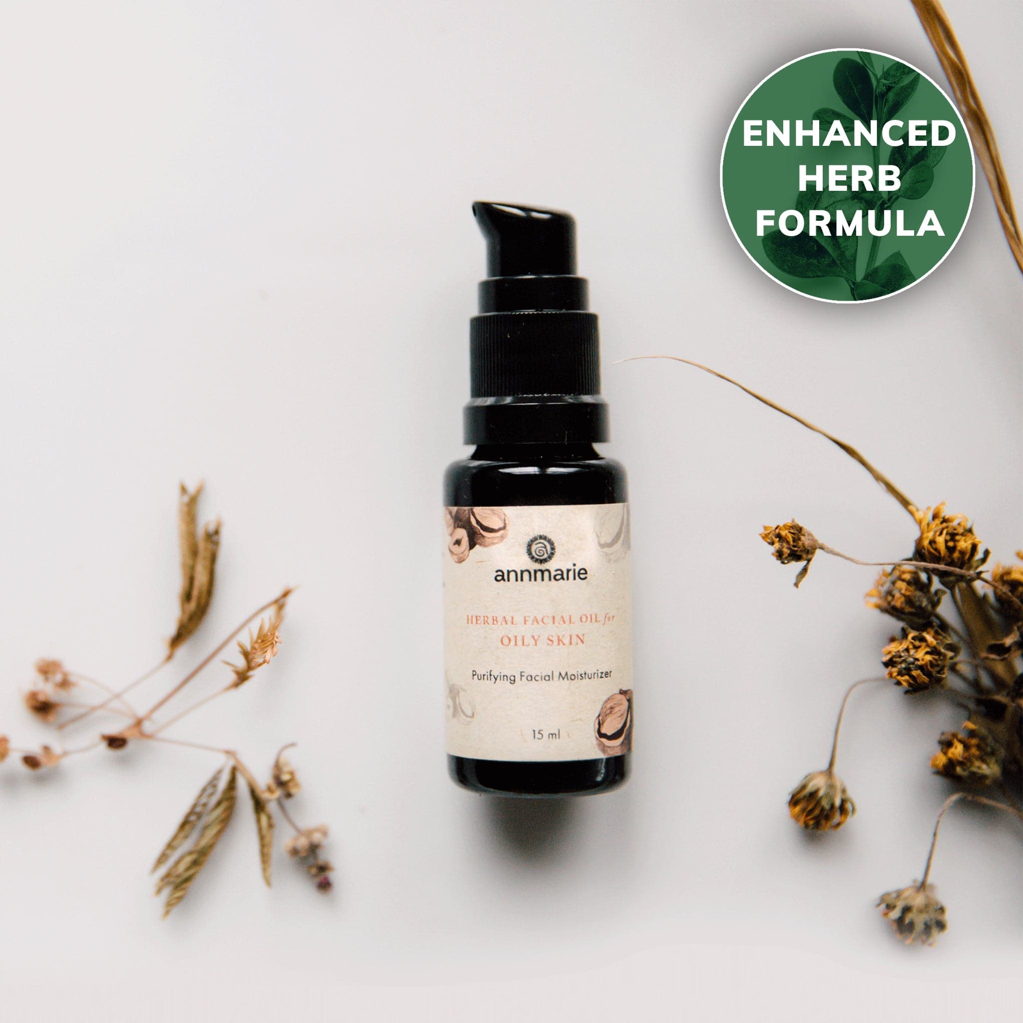 Herbal Facial Oil for normal and combination skin with enhanced herb formula, bottle with box and botanical ingredients.