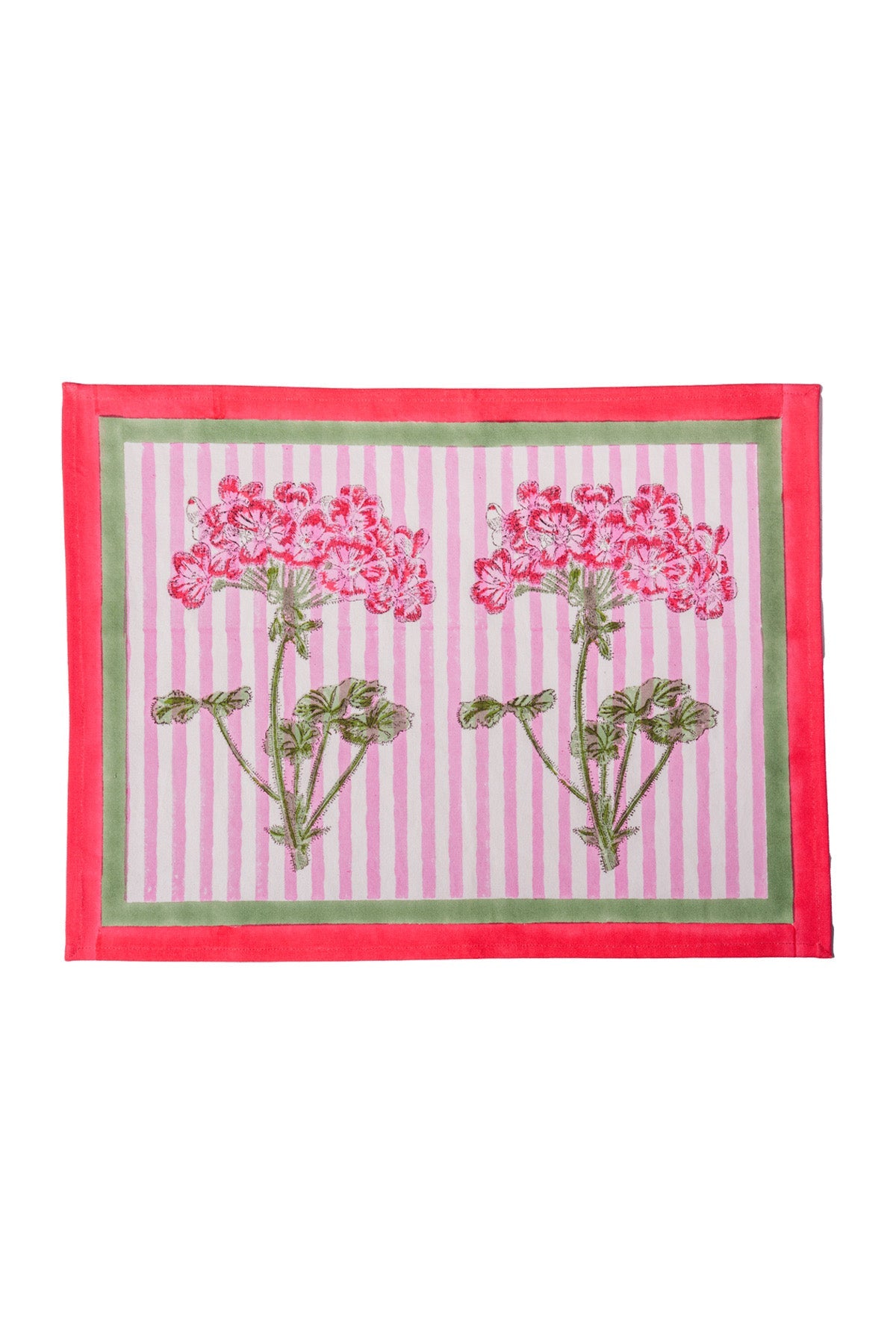 Pink hydrangea blockprint placemat with red border, green trim, pink stripe pattern