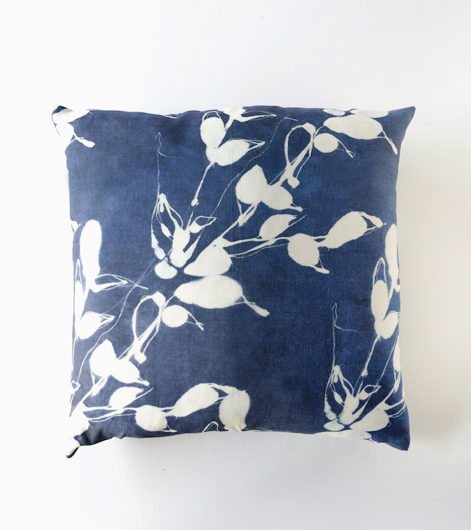 Porto Print Indigo linen throw pillow 20x20 with hand-painted cascading floral pattern in deep blue - Goldie Home