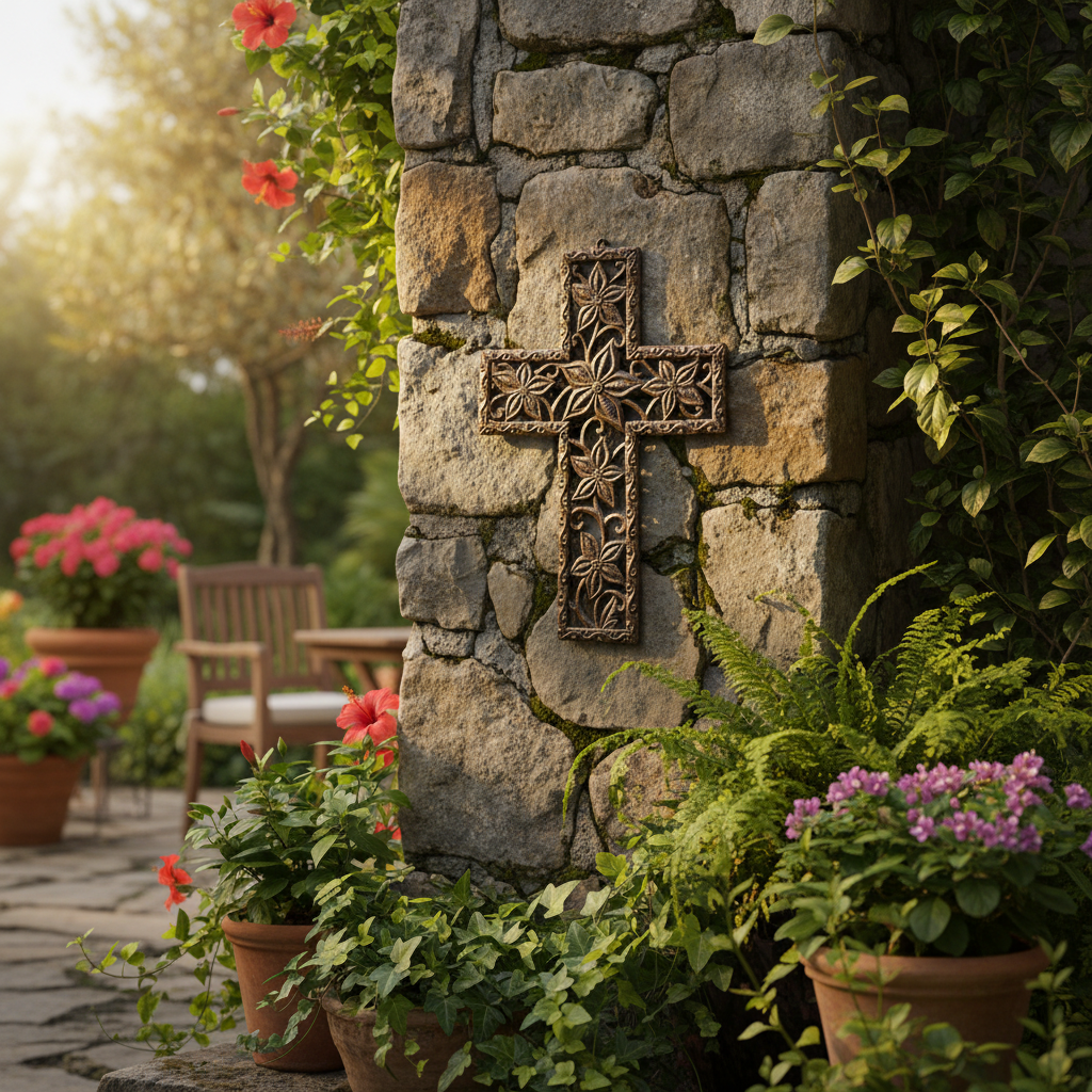 Flowery Cross Haitian metal art cross displayed in outdoor garden patio