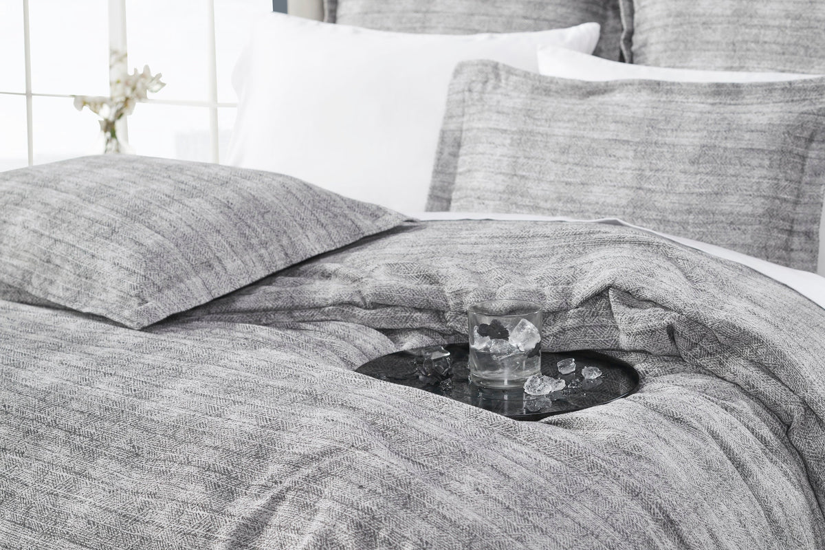 DT-034-10692_4|Cozy grey textured duvet cover fabric detail, showcasing intricate weave and soft, inviting texture for bedding.