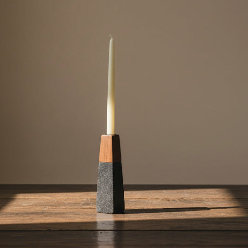 close-up of marble and wood contrast on candleholder