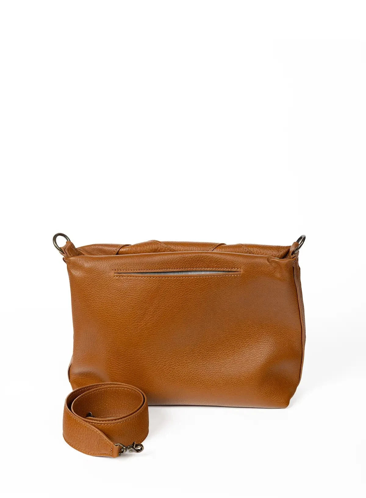 Honey leather handbag with strap on a white background