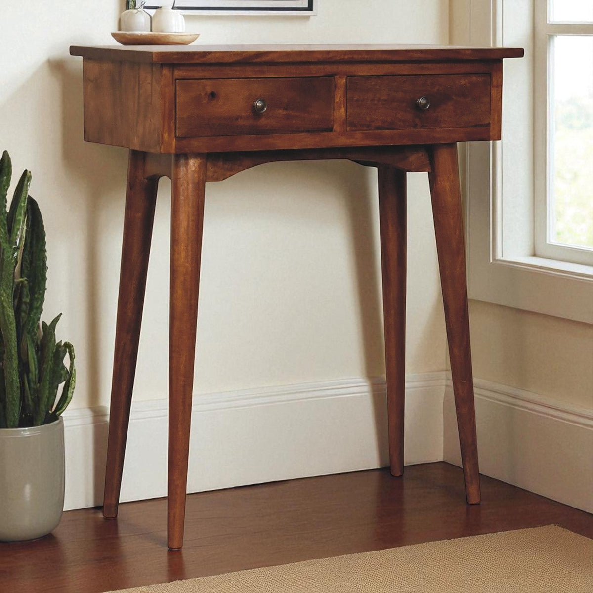 Solid mango wood Mini Chestnut Hallway Console 2 Drawers, Brown