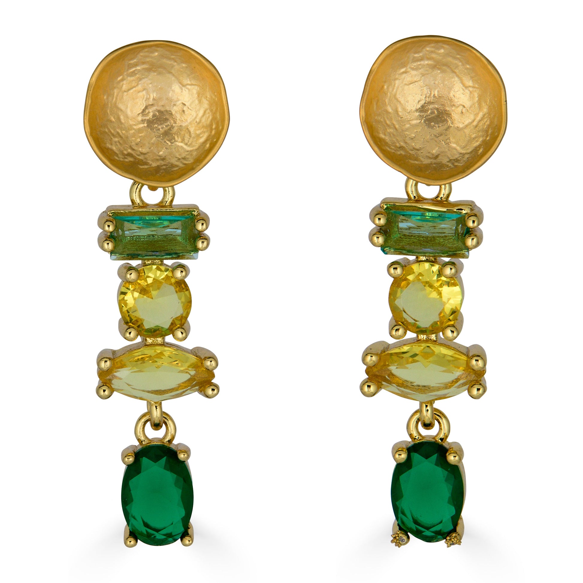 Green and yellow multi gemstone drop earrings with hammered gold stud tops.