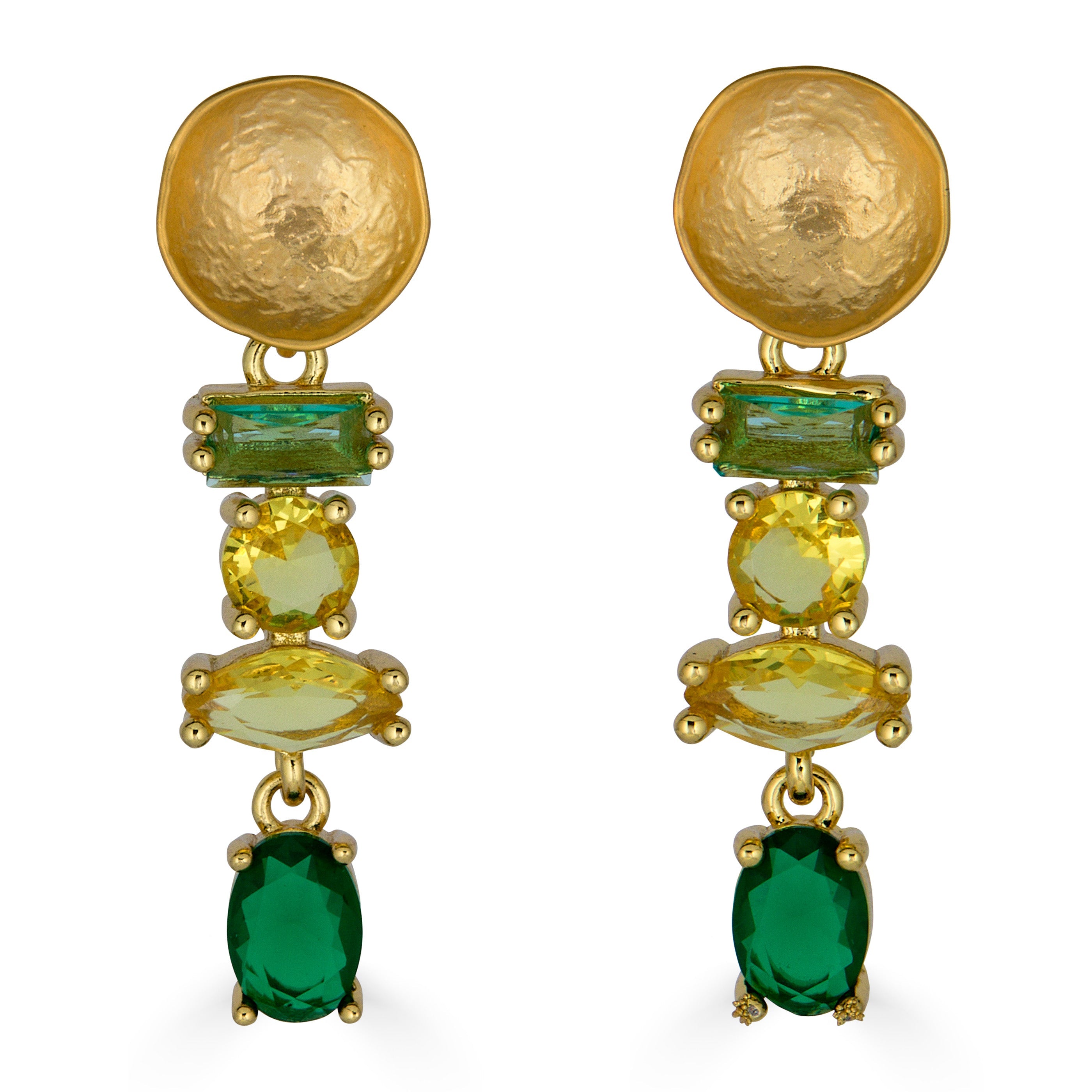 Green and yellow multi gemstone drop earrings with hammered gold stud tops.