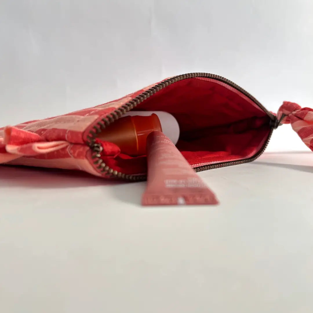 Handmade Quilted Pouch Pink Red Stripes 8x5 Inches Cotton - Casa Amarosa